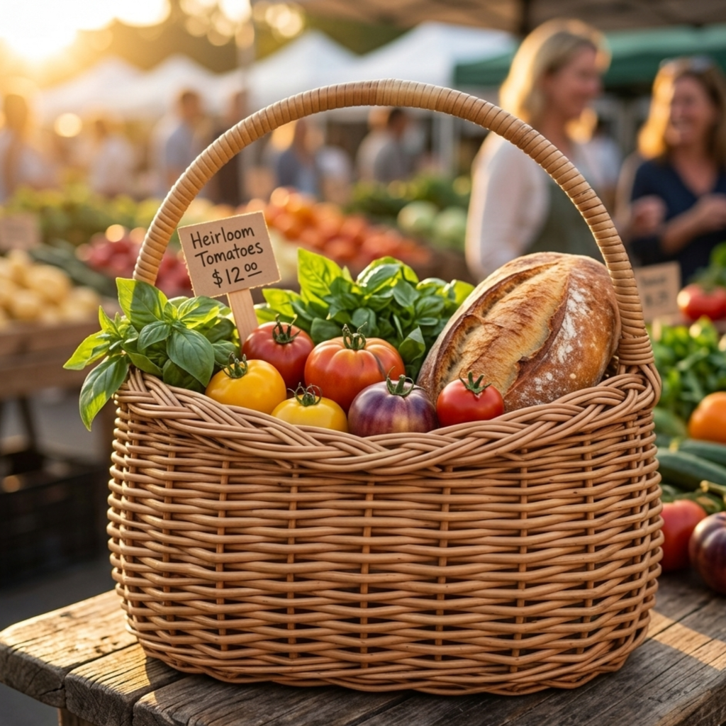 Handcrafted 35cm Oval Wicker Market Basket with Sturdy Arched Handle – Natural Rattan Farmers Market Tote – Deep Woven Gathering Basket for Produce, Bread, and Rustic Home Kitchen Storage