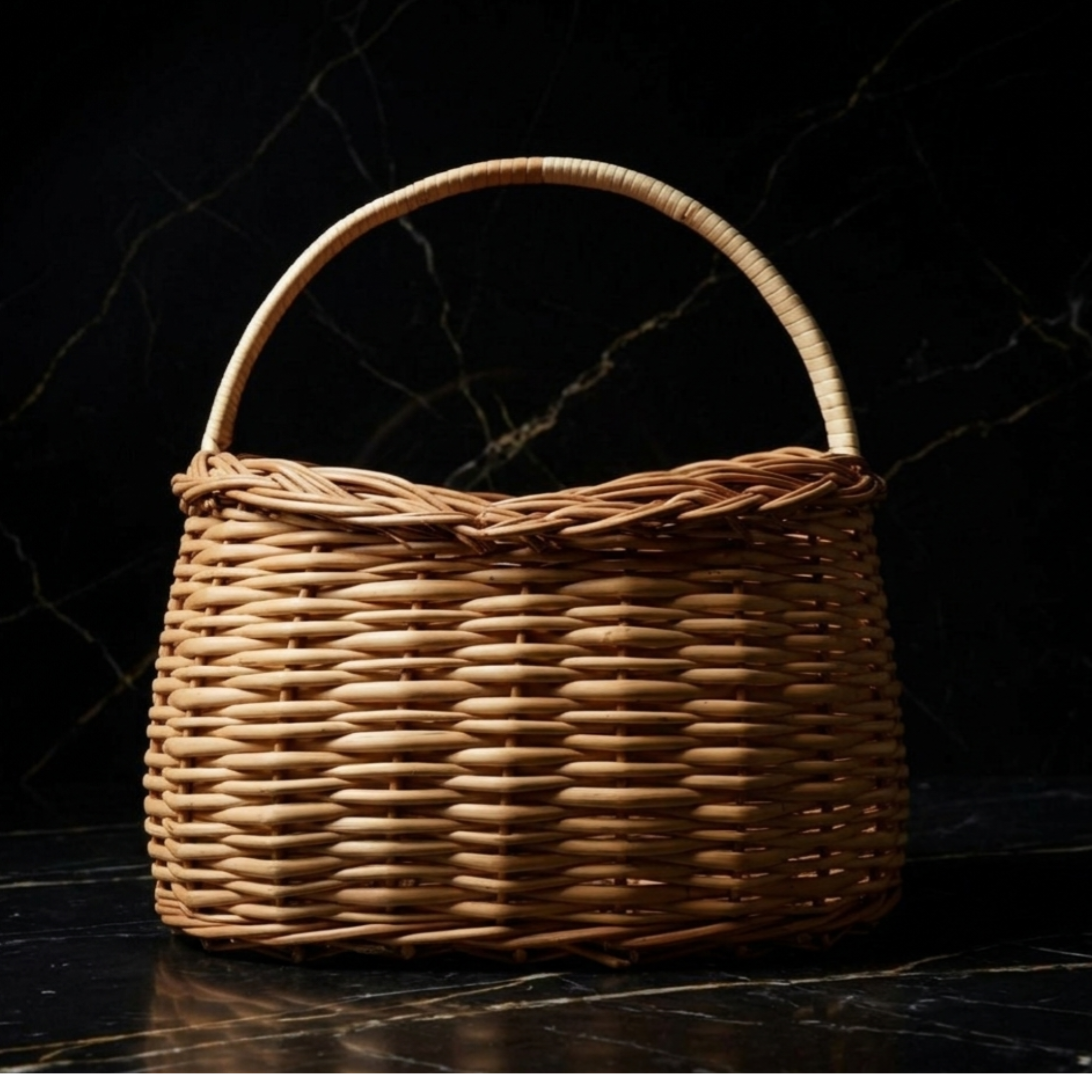 Handcrafted 35cm Oval Wicker Market Basket with Sturdy Arched Handle – Natural Rattan Farmers Market Tote – Deep Woven Gathering Basket for Produce, Bread, and Rustic Home Kitchen Storage