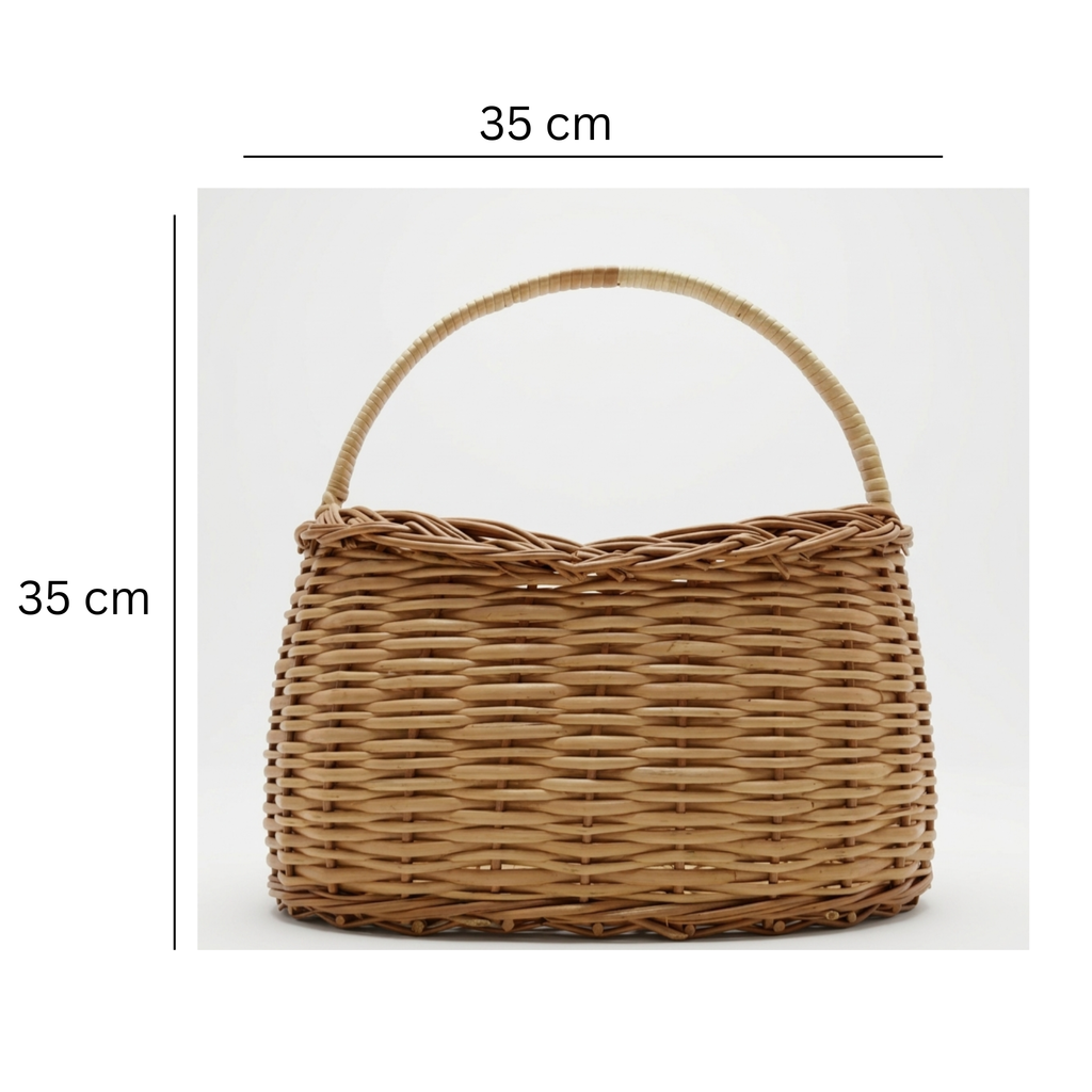 Handcrafted 35cm Oval Wicker Market Basket with Sturdy Arched Handle – Natural Rattan Farmers Market Tote – Deep Woven Gathering Basket for Produce, Bread, and Rustic Home Kitchen Storage