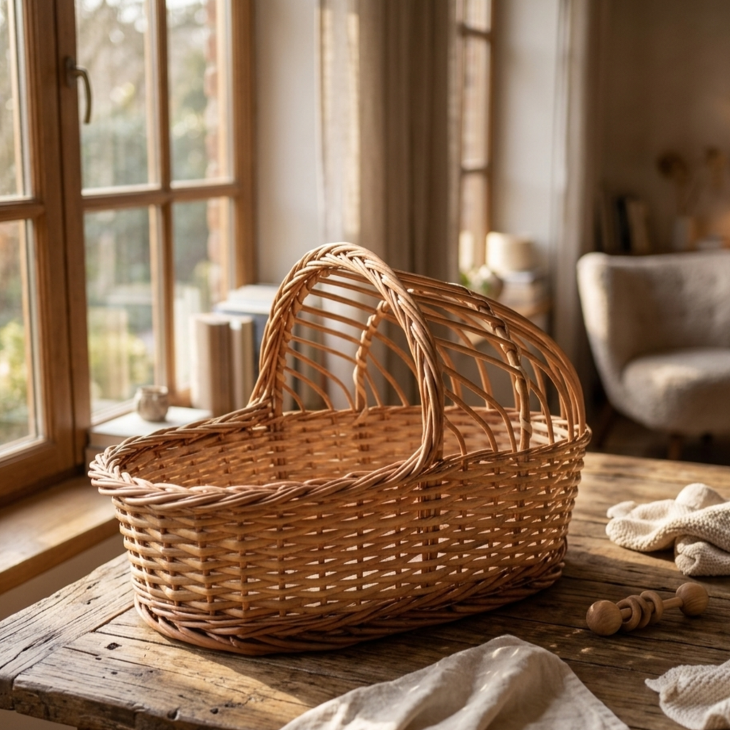 Handcrafted 35cm Miniature Wicker Moses Basket Cradle – Natural Rattan Hooded Doll Bed – Decorative Woven Baby Shower Gift Basket and Newborn Photography Prop for Nursery Decor