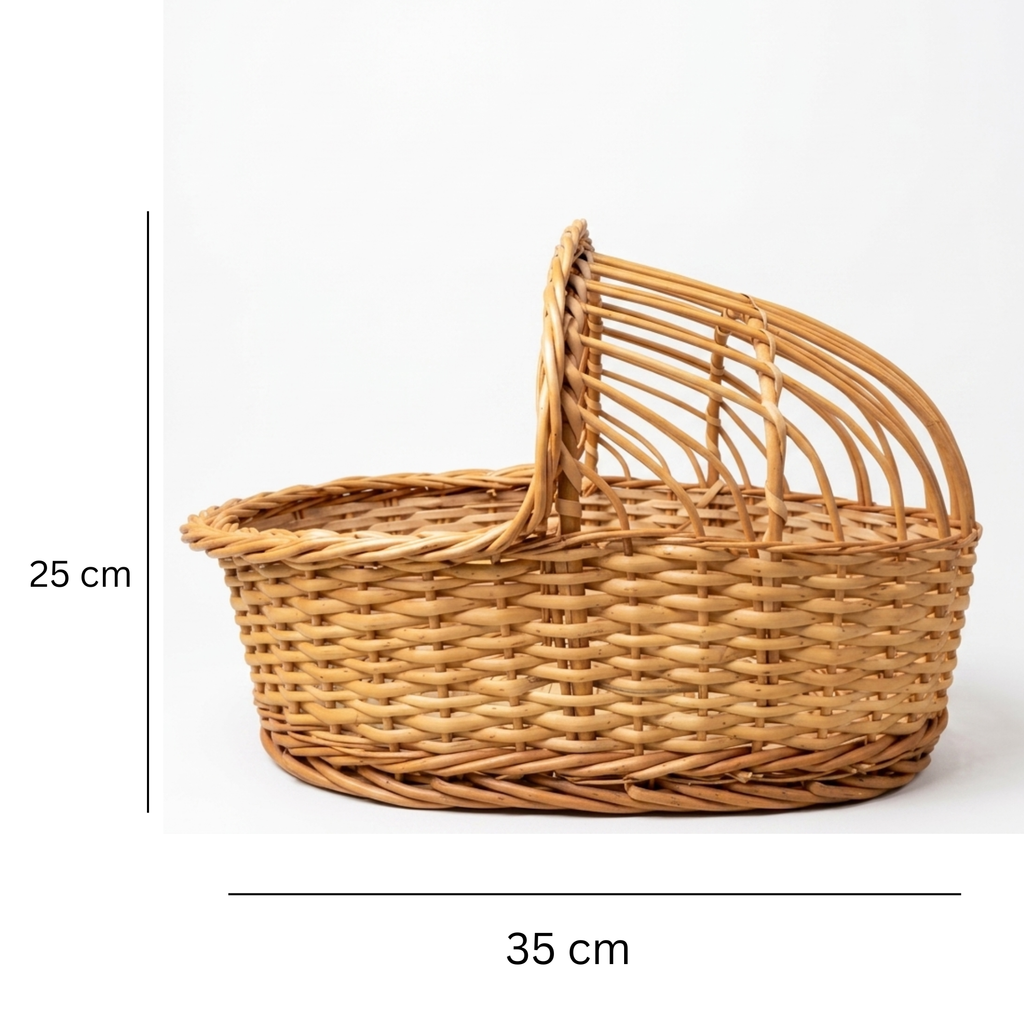 Handcrafted 35cm Miniature Wicker Moses Basket Cradle – Natural Rattan Hooded Doll Bed – Decorative Woven Baby Shower Gift Basket and Newborn Photography Prop for Nursery Decor