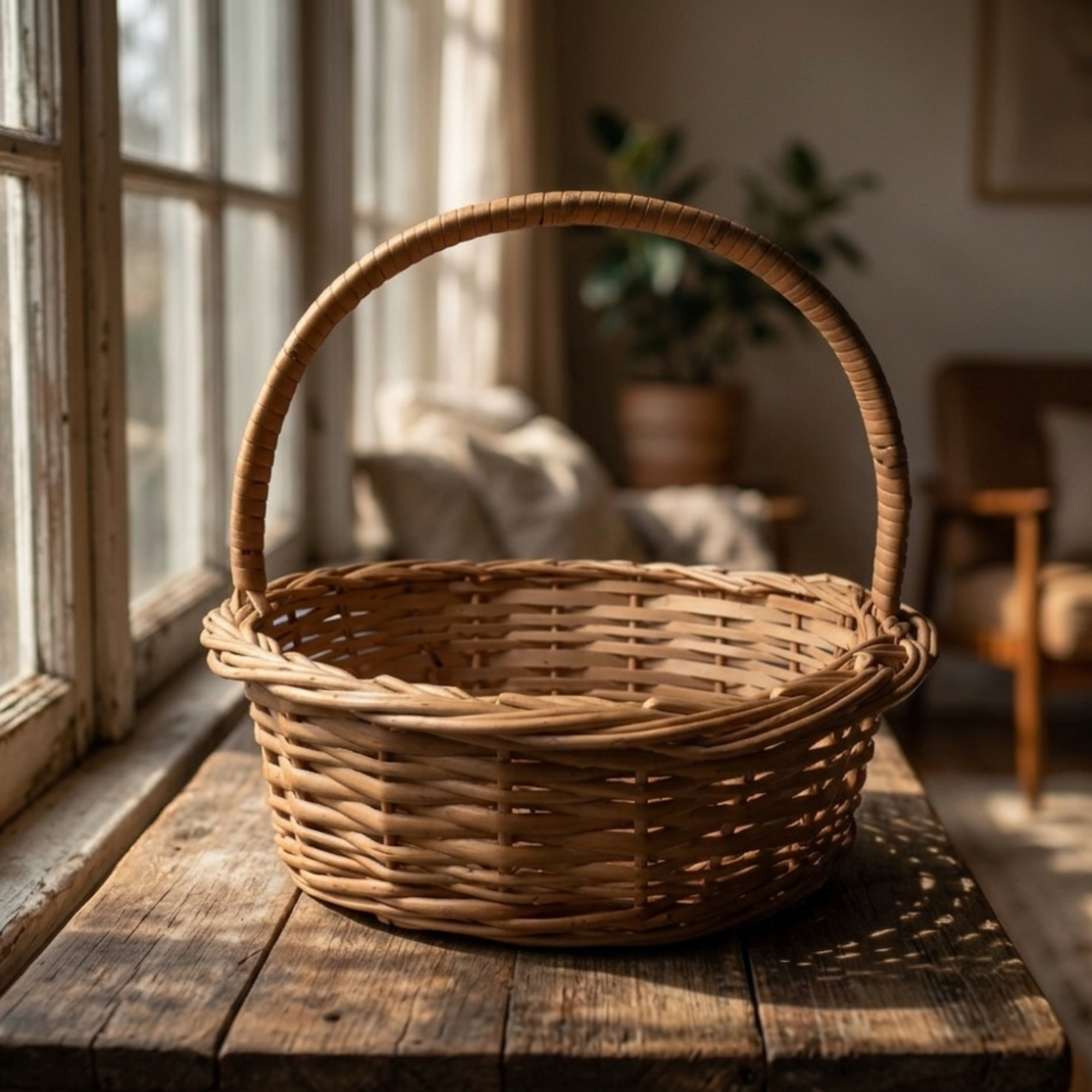 Handcrafted Round Wicker Picnic Basket with High Arched Handle – 27 cm Natural Rattan Gathering Basket – Small Decorative Woven Flower & Berry Basket for Rustic Home and Photography Props