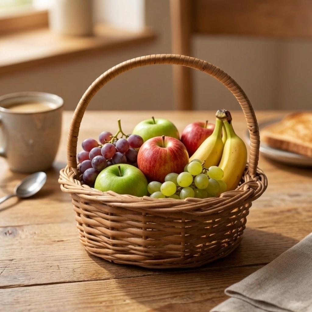 Handcrafted Round Wicker Picnic Basket with High Arched Handle – 27 cm Natural Rattan Gathering Basket – Small Decorative Woven Flower & Berry Basket for Rustic Home and Photography Props