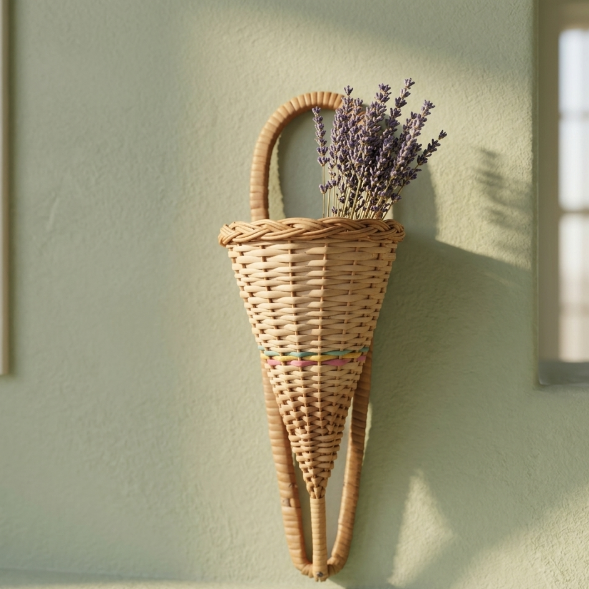 Handcrafted 40 cm Wicker Wall Hanging Conical Basket – Natural Rattan Cone-Shaped Flower Pocket – Small Decorative Woven Wall Vase for Dried Lavender, Herbs, and Rustic Farmhouse Wall Art