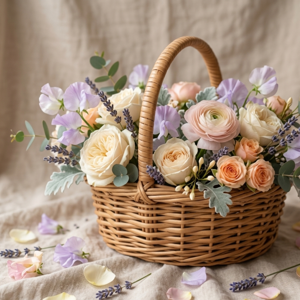 Handcrafted Round Wicker Picnic Basket with High Arched Handle – 27 cm Natural Rattan Gathering Basket – Small Decorative Woven Flower & Berry Basket for Rustic Home and Photography Props