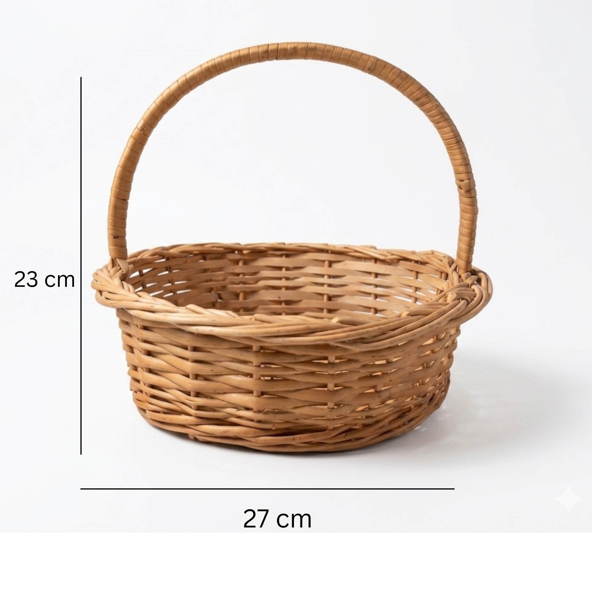 Handcrafted Round Wicker Picnic Basket with High Arched Handle – 27 cm Natural Rattan Gathering Basket – Small Decorative Woven Flower & Berry Basket for Rustic Home and Photography Props
