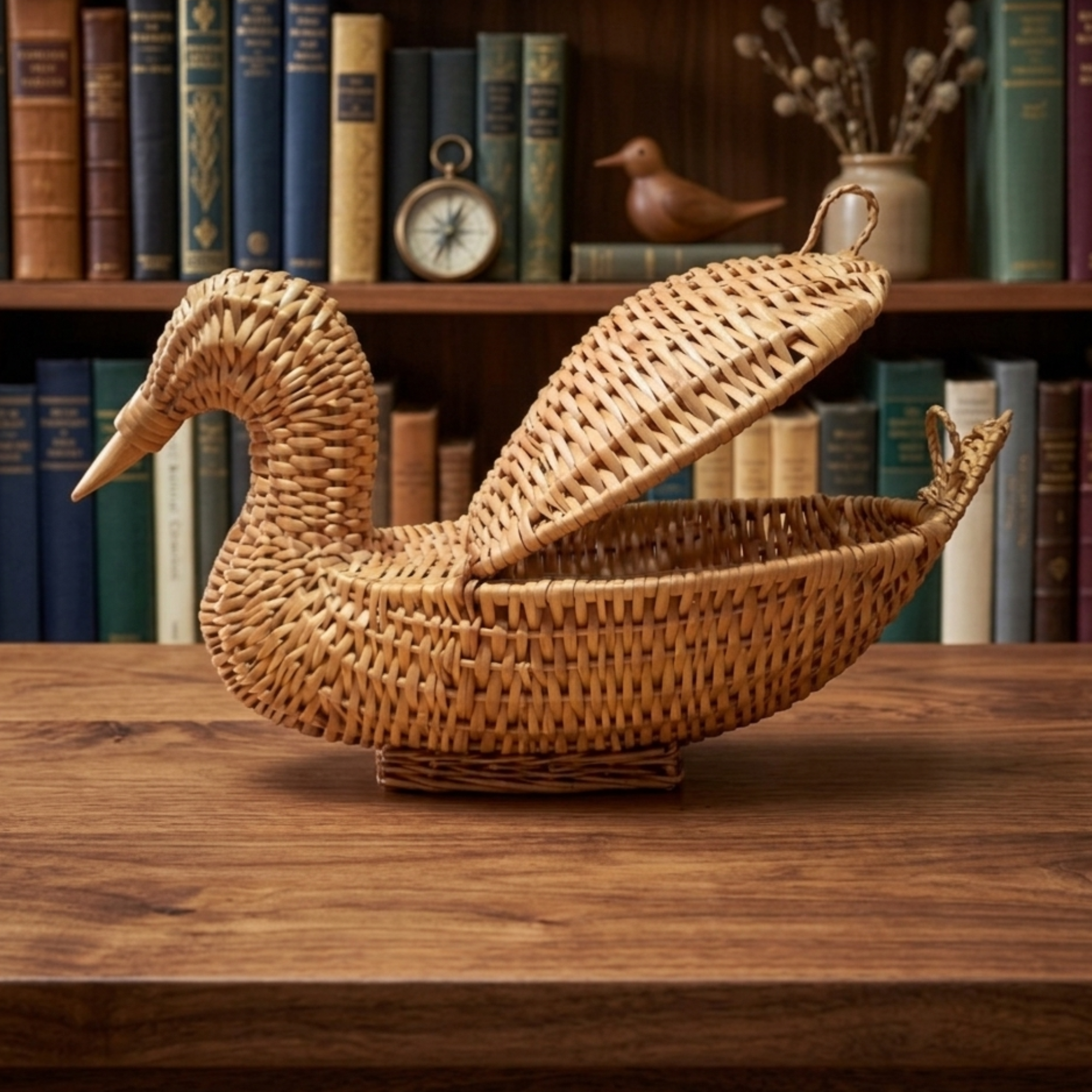 Handcrafted Duck-Shaped Wicker Storage Basket with Lid – Natural Rattan Animal Figurine Trinket Box – Unique Decorative Woven Bird Jewelry Case for Cottagecore and Farmhouse Decor