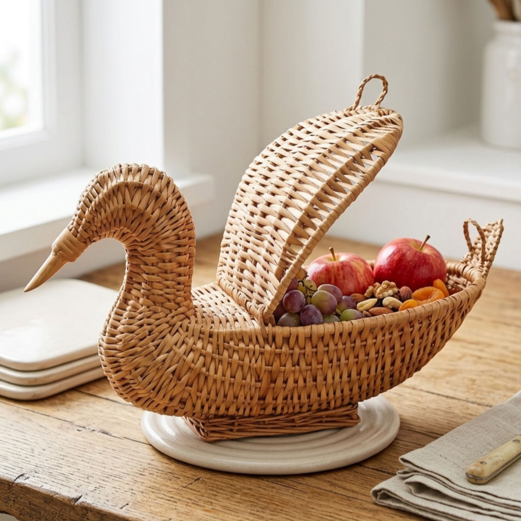 Handcrafted Duck-Shaped Wicker Storage Basket with Lid – Natural Rattan Animal Figurine Trinket Box – Unique Decorative Woven Bird Jewelry Case for Cottagecore and Farmhouse Decor