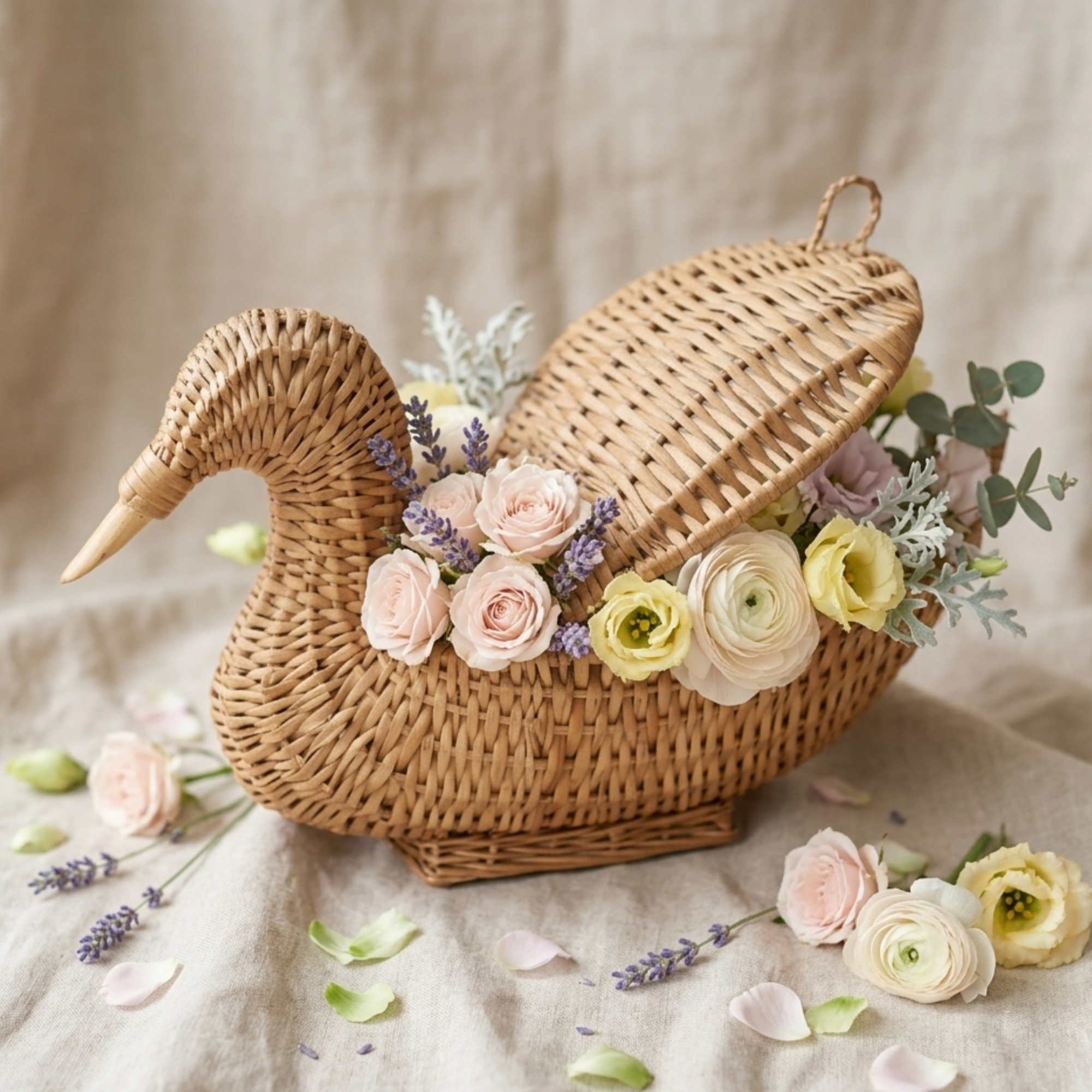 Handcrafted Duck-Shaped Wicker Storage Basket with Lid – Natural Rattan Animal Figurine Trinket Box – Unique Decorative Woven Bird Jewelry Case for Cottagecore and Farmhouse Decor