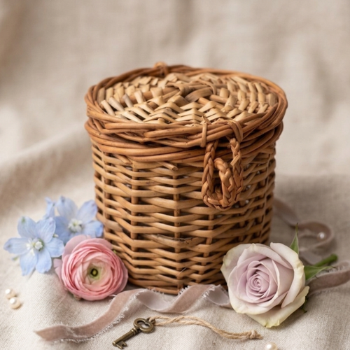 Handcrafted 10cm Tall Wicker Storage Jar with Lid – Natural Rattan Cylindrical Trinket Box with Woven Loop Closure for Desk Organization and Jewelry Storage