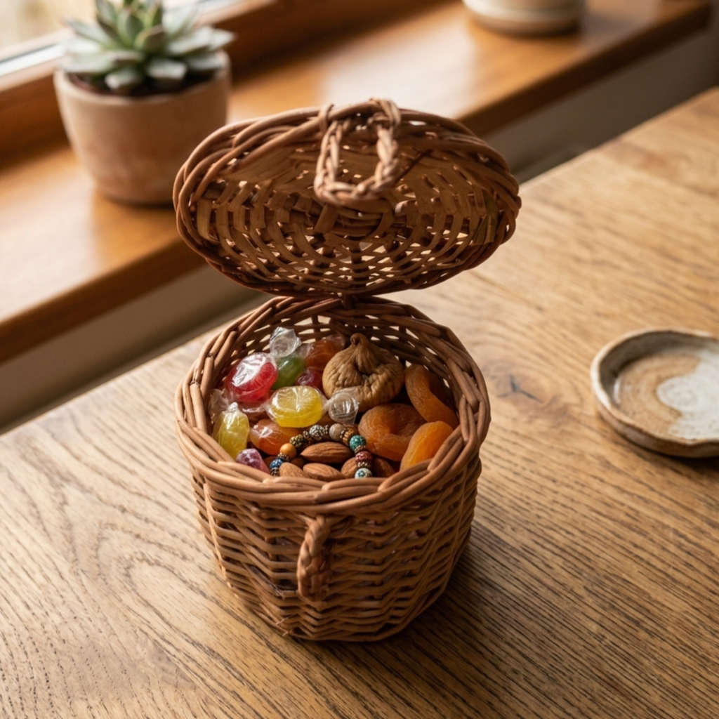 Handcrafted 10cm Tall Wicker Storage Jar with Lid – Natural Rattan Cylindrical Trinket Box with Woven Loop Closure for Desk Organization and Jewelry Storage