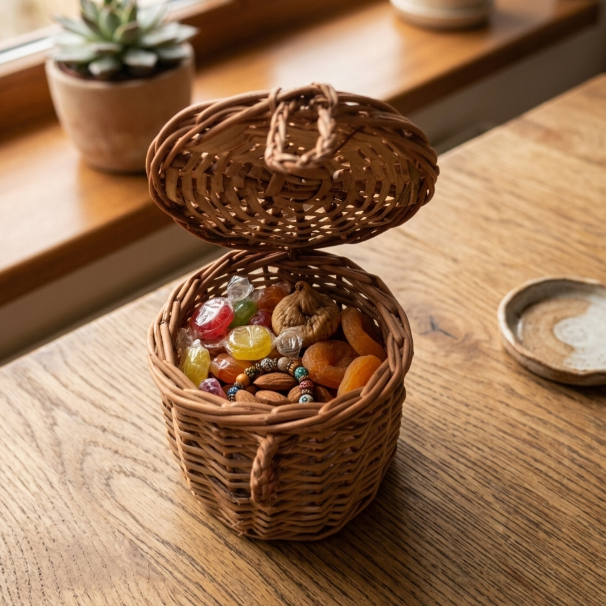 Handcrafted 10cm Tall Wicker Storage Jar with Lid – Natural Rattan Cylindrical Trinket Box with Woven Loop Closure for Desk Organization and Jewelry Storage