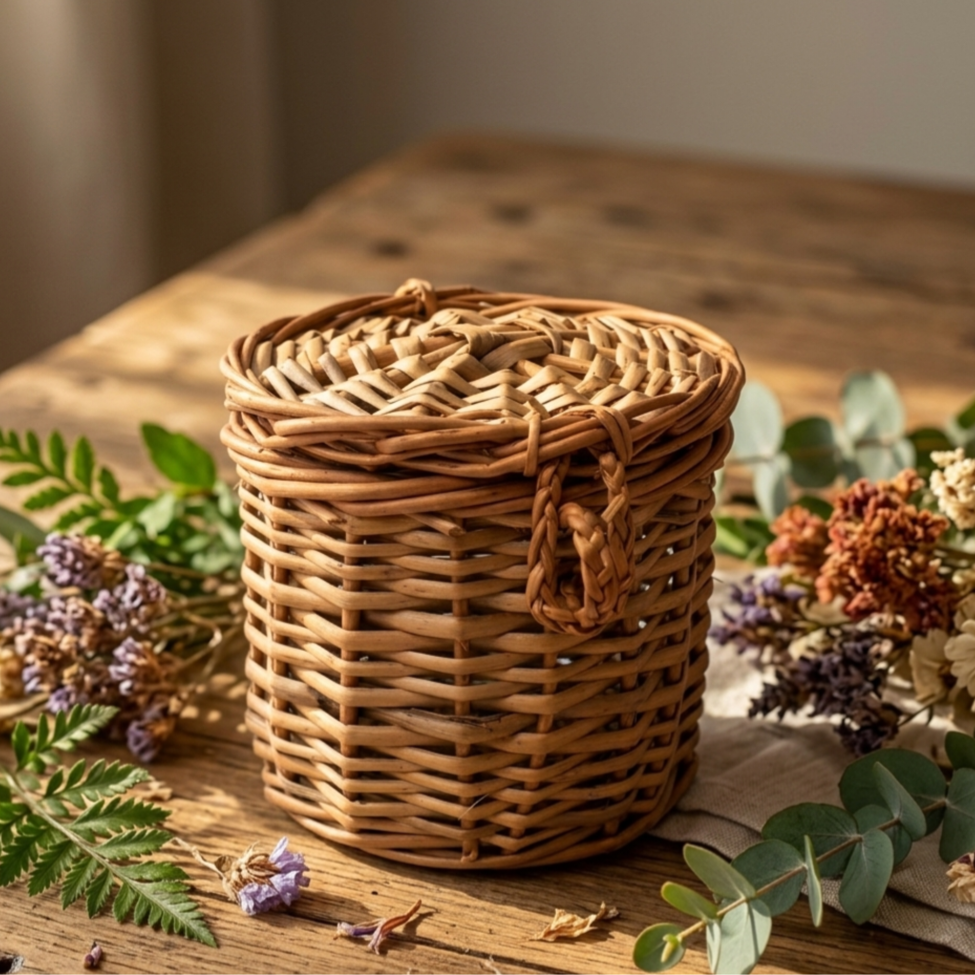 Handcrafted 10cm Tall Wicker Storage Jar with Lid – Natural Rattan Cylindrical Trinket Box with Woven Loop Closure for Desk Organization and Jewelry Storage