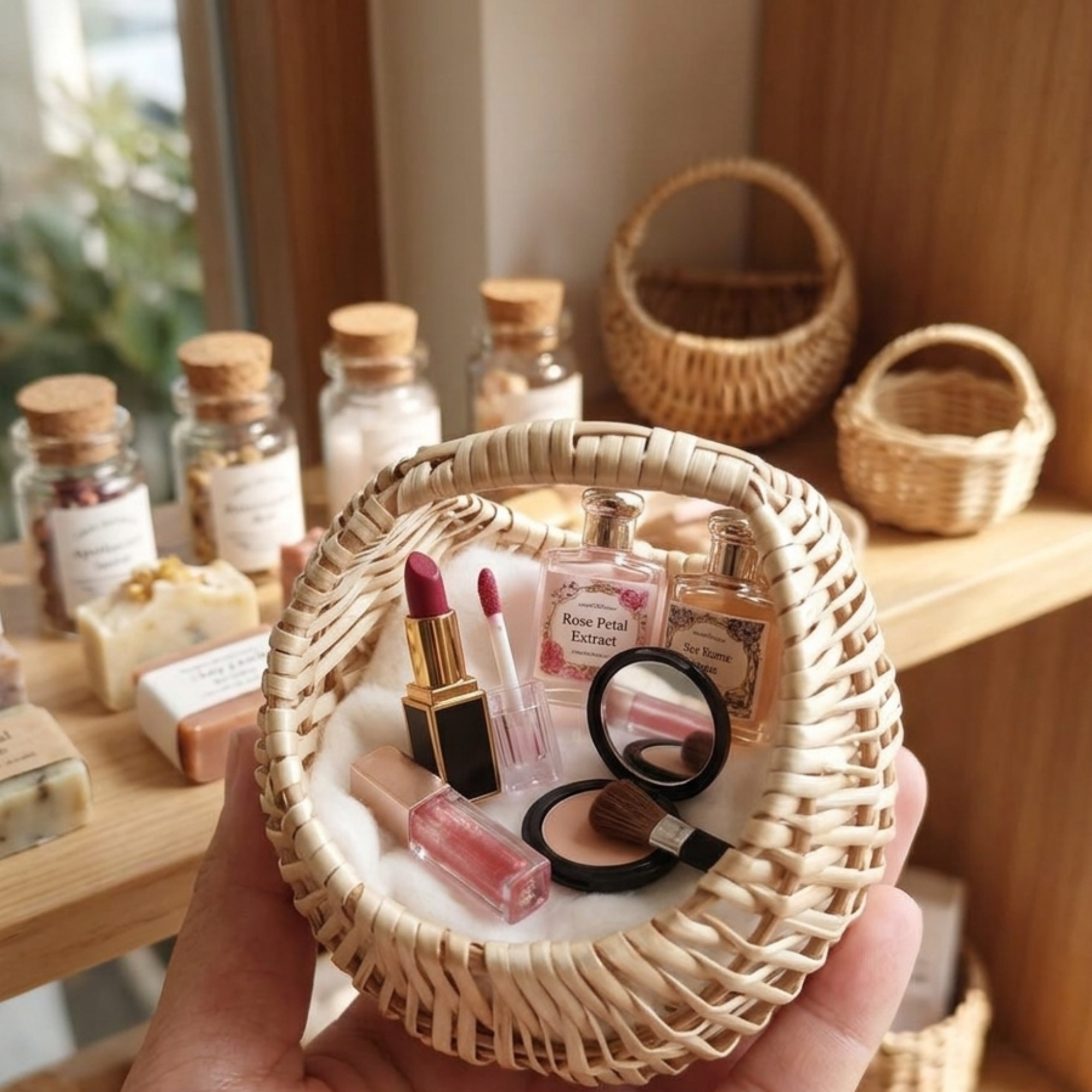 Handcrafted 14 cm Mini Wicker Basket with Handle – Natural Rattan Egg & Flower Basket – Small Decorative Woven Scoop for Rustic Kitchen and Cottagecore Decor