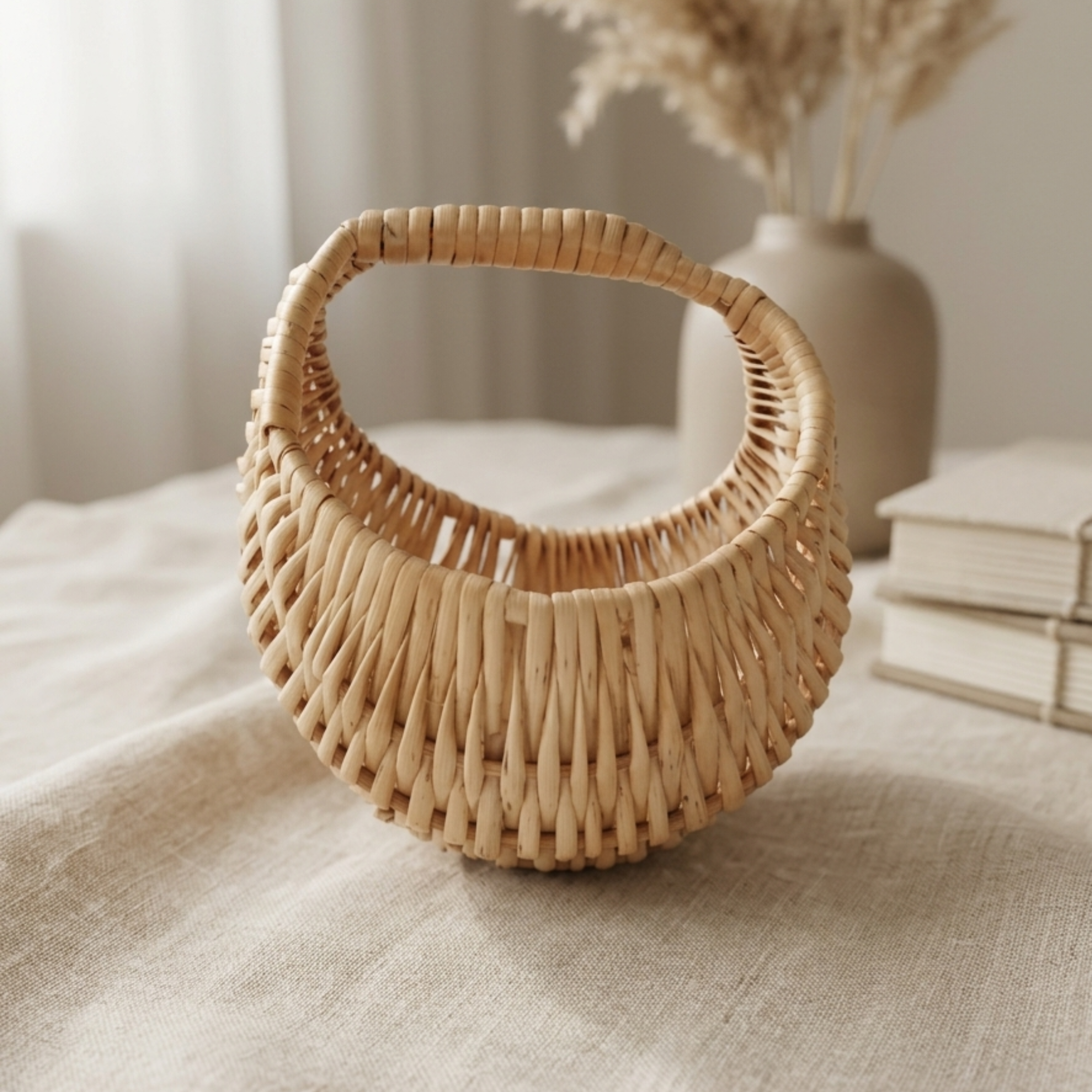 Handcrafted 14 cm Mini Wicker Basket with Handle – Natural Rattan Egg & Flower Basket – Small Decorative Woven Scoop for Rustic Kitchen and Cottagecore Decor