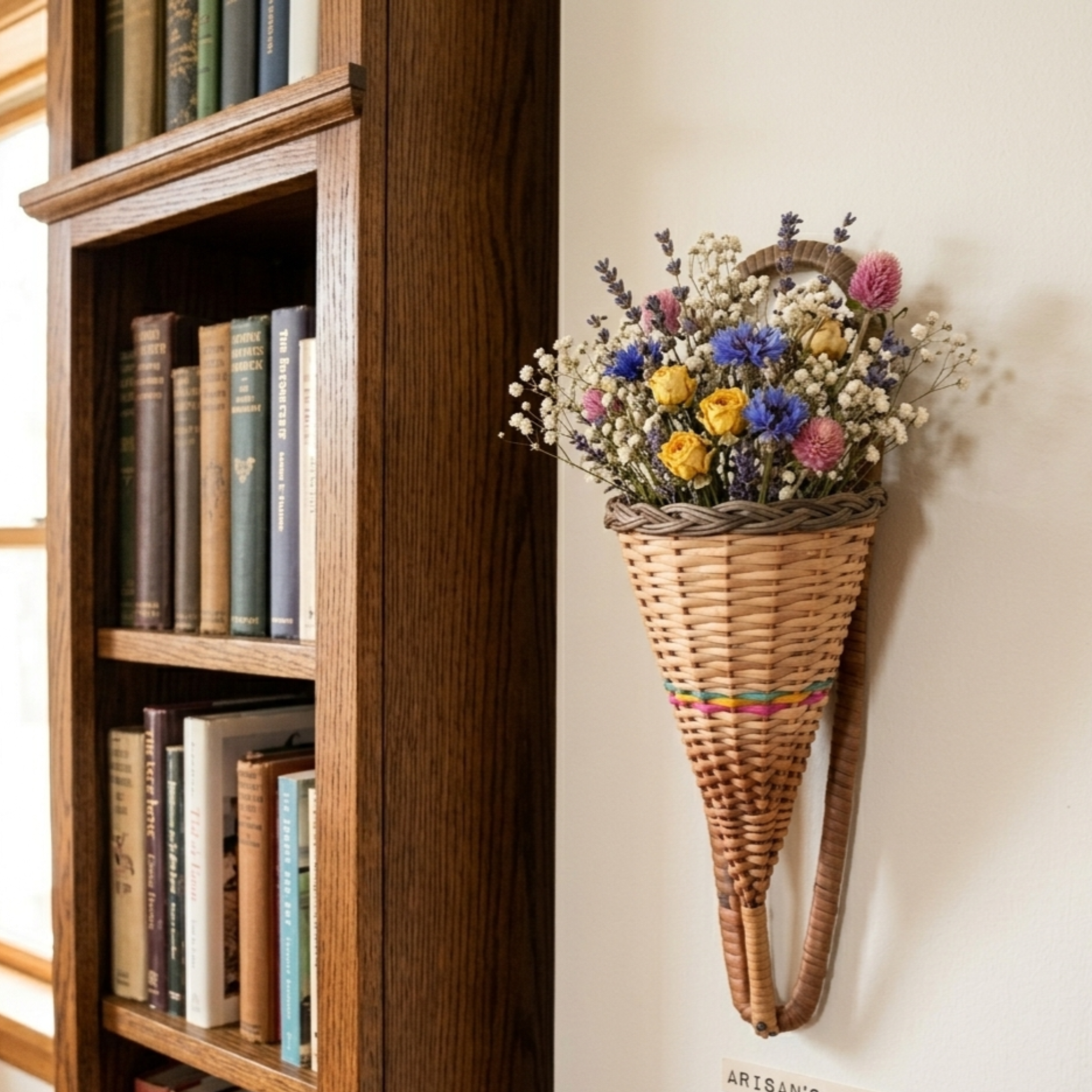 Handcrafted 40 cm Wicker Wall Hanging Conical Basket – Natural Rattan Cone-Shaped Flower Pocket – Small Decorative Woven Wall Vase for Dried Lavender, Herbs, and Rustic Farmhouse Wall Art