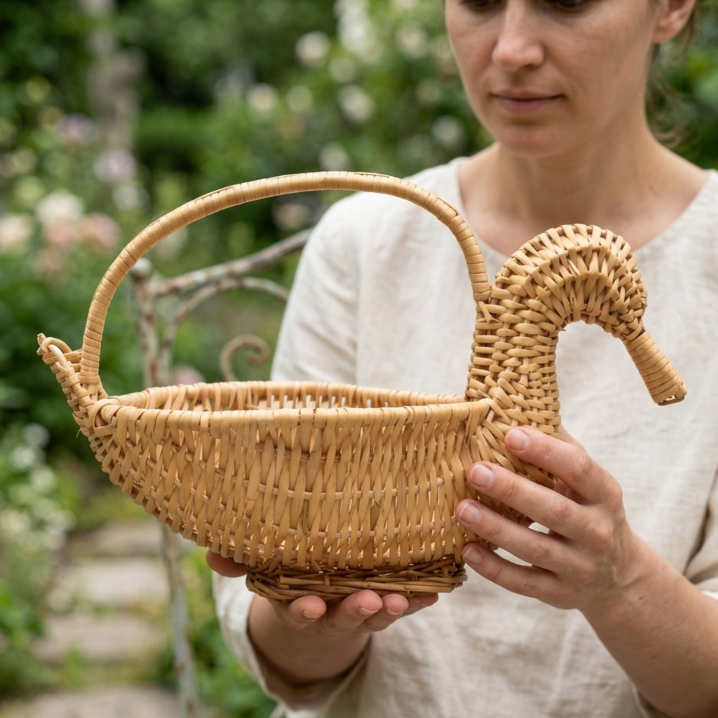 Handcrafted Duck-Shaped Wicker Basket – 35cm Natural Rattan Animal Figurine Bowl with Handle for Unique Table Decor, Fruit Display, and Novelty Home Storage