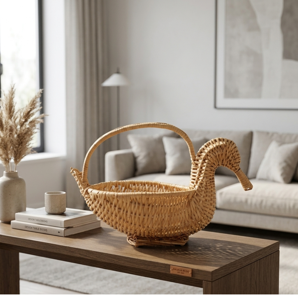 Handcrafted Duck-Shaped Wicker Basket – 35cm Natural Rattan Animal Figurine Bowl with Handle for Unique Table Decor, Fruit Display, and Novelty Home Storage