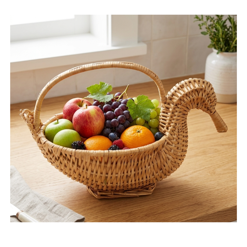 Handcrafted Duck-Shaped Wicker Basket – 35cm Natural Rattan Animal Figurine Bowl with Handle for Unique Table Decor, Fruit Display, and Novelty Home Storage