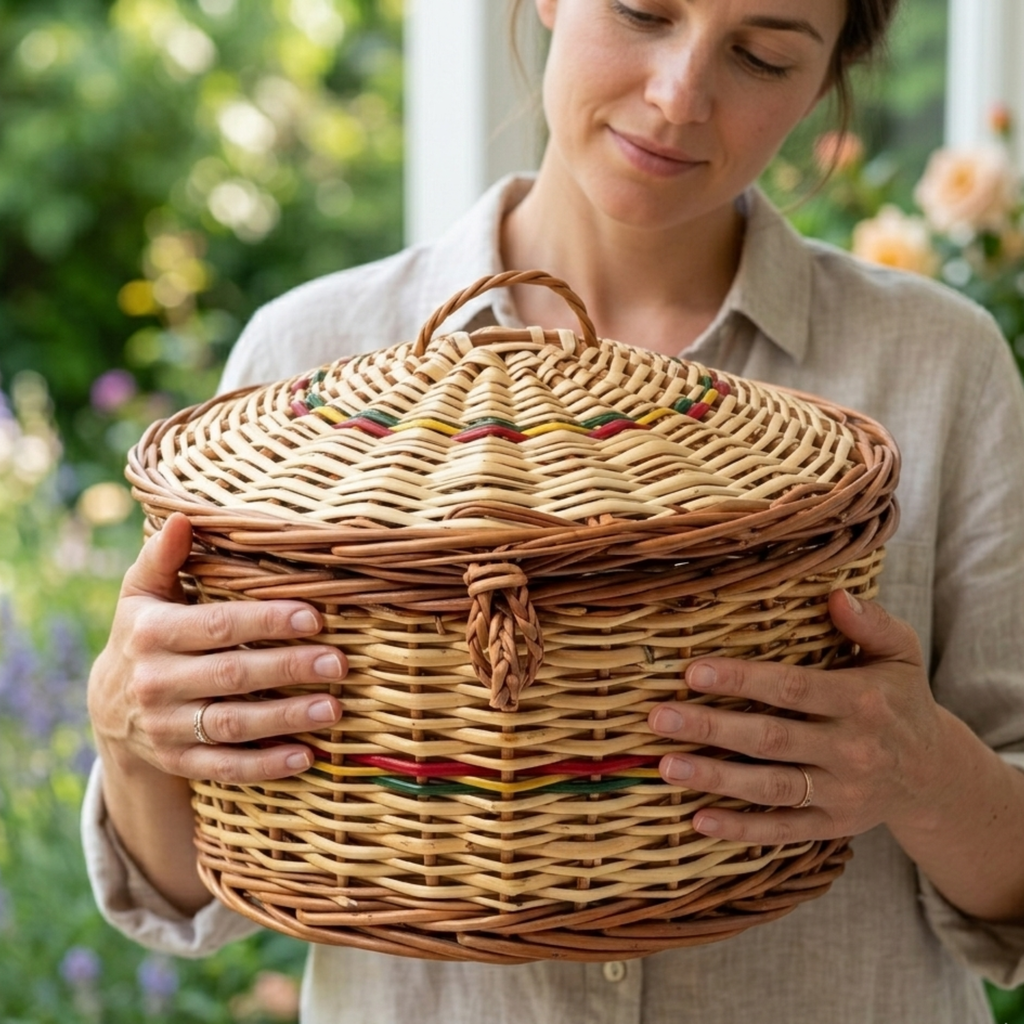 Handcrafted Round Wicker Storage Basket with Lid – 32cm Natural Rattan Trinket Box with Decorative Red & Green Weave for Jewelry, Keepsakes, and Home Organization