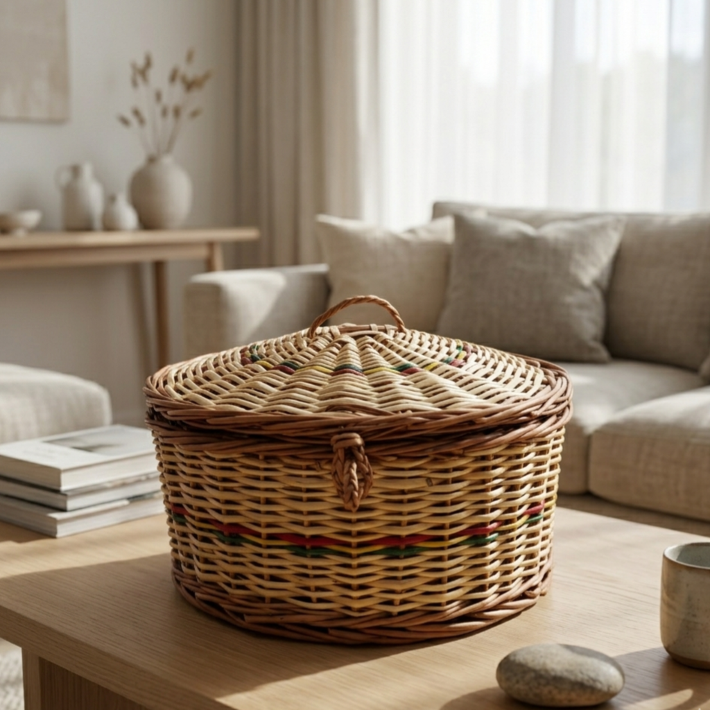 Handcrafted Round Wicker Storage Basket with Lid – 32cm Natural Rattan Trinket Box with Decorative Red & Green Weave for Jewelry, Keepsakes, and Home Organization