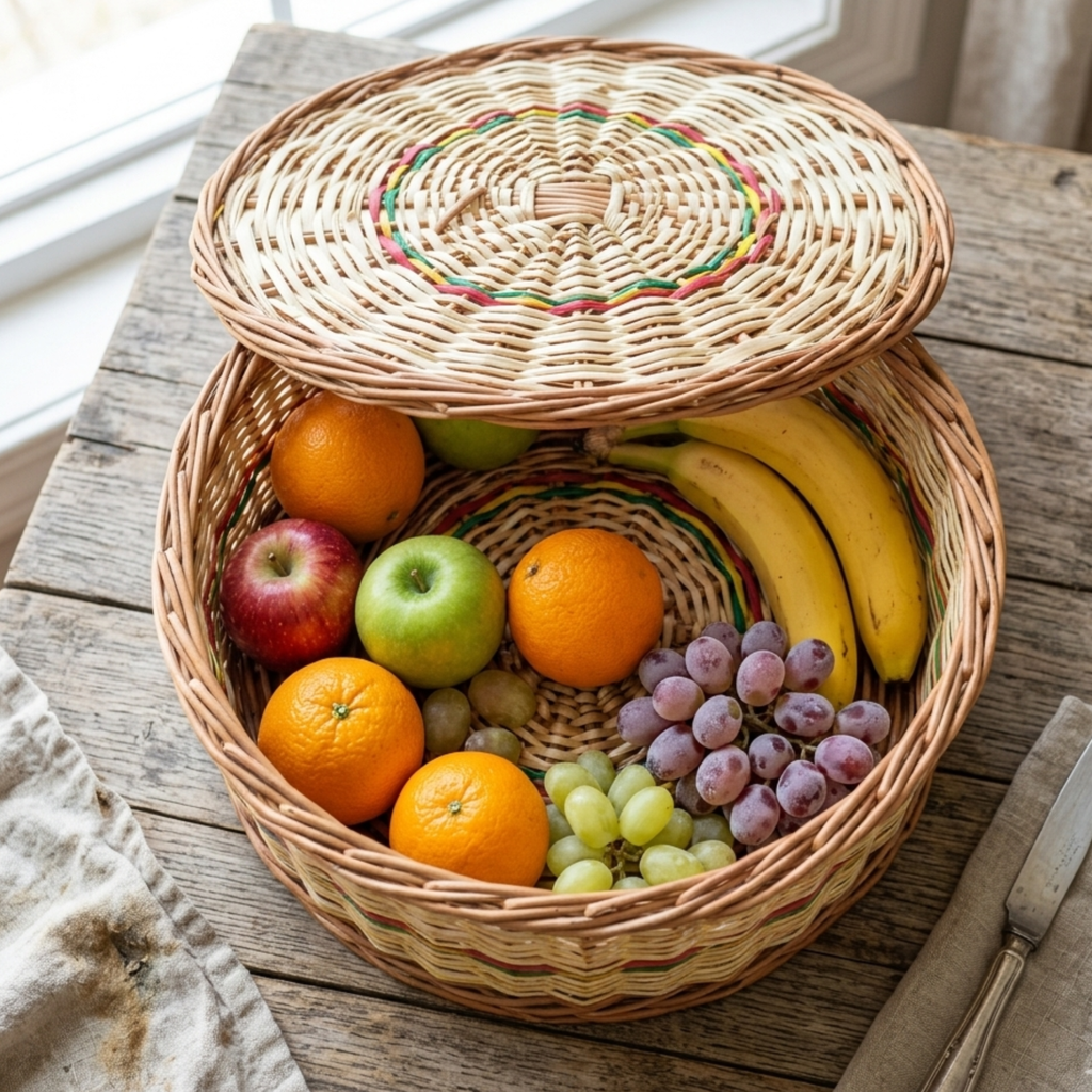 Handcrafted Round Wicker Storage Basket with Lid – 32cm Natural Rattan Trinket Box with Decorative Red & Green Weave for Jewelry, Keepsakes, and Home Organization