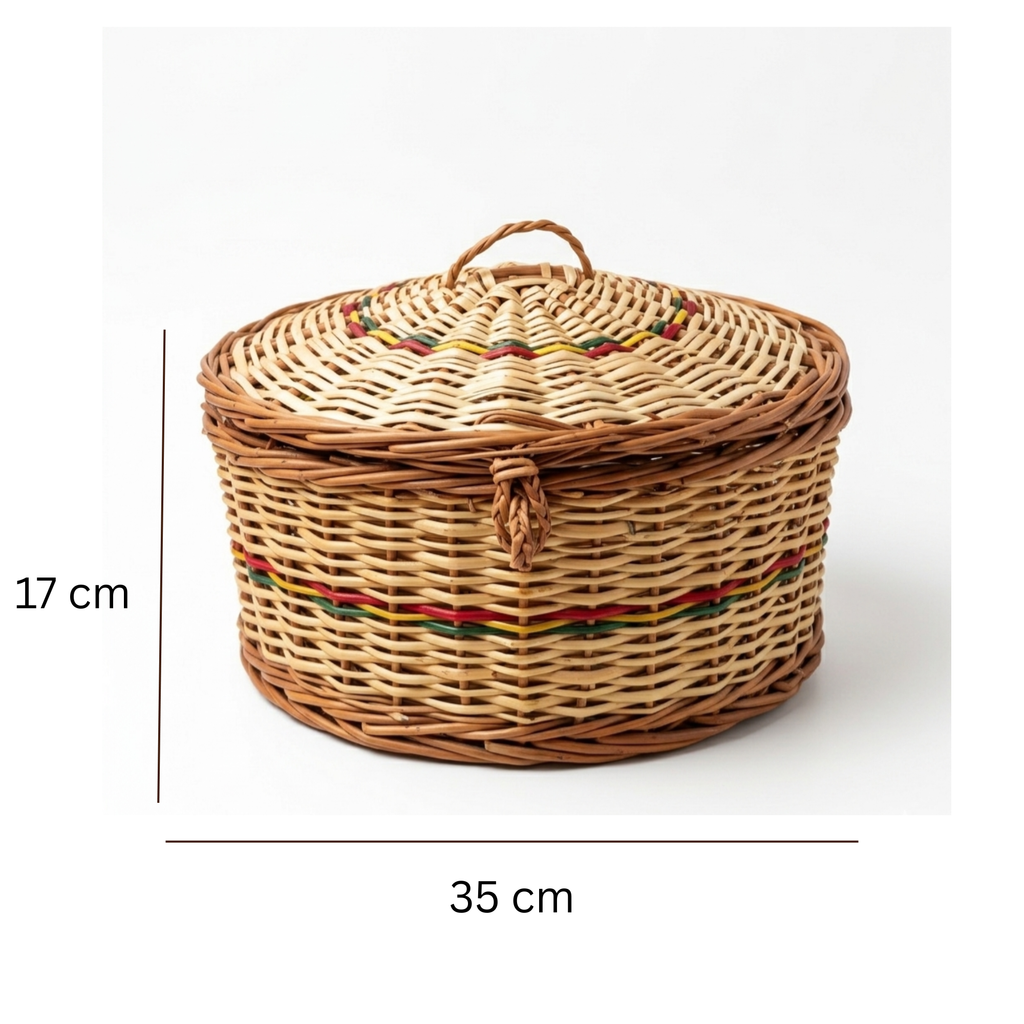 Handcrafted Round Wicker Storage Basket with Lid – 32cm Natural Rattan Trinket Box with Decorative Red & Green Weave for Jewelry, Keepsakes, and Home Organization