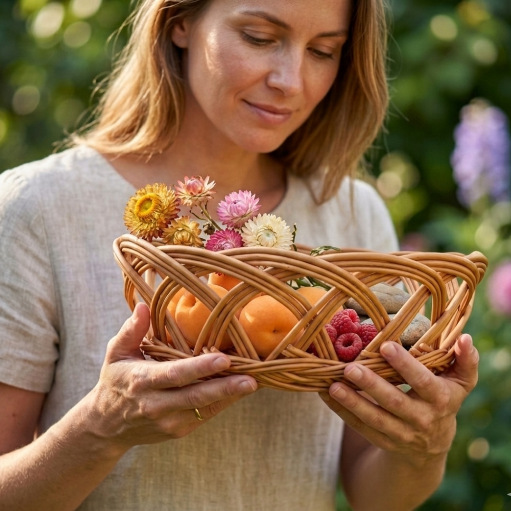 Handcrafted Round Wicker Fruit Bowl – 35 cm  Natural Rattan Bread Basket with Decorative Open-Weave Design for Home Decor and Kitchen Storage