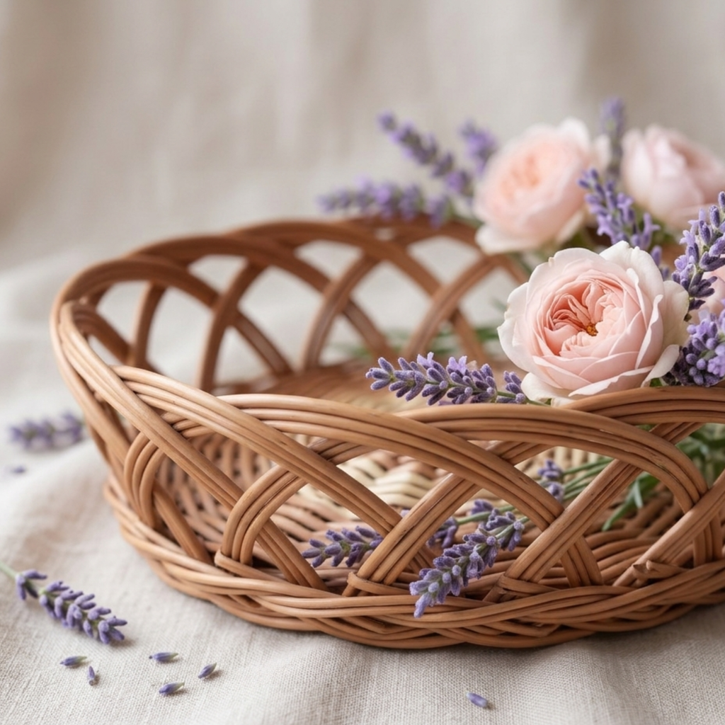 Handcrafted Round Wicker Fruit Bowl – 35 cm  Natural Rattan Bread Basket with Decorative Open-Weave Design for Home Decor and Kitchen Storage
