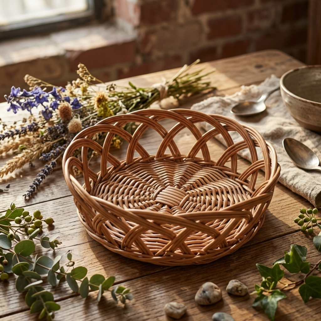 Handcrafted Round Wicker Fruit Bowl – 35 cm  Natural Rattan Bread Basket with Decorative Open-Weave Design for Home Decor and Kitchen Storage
