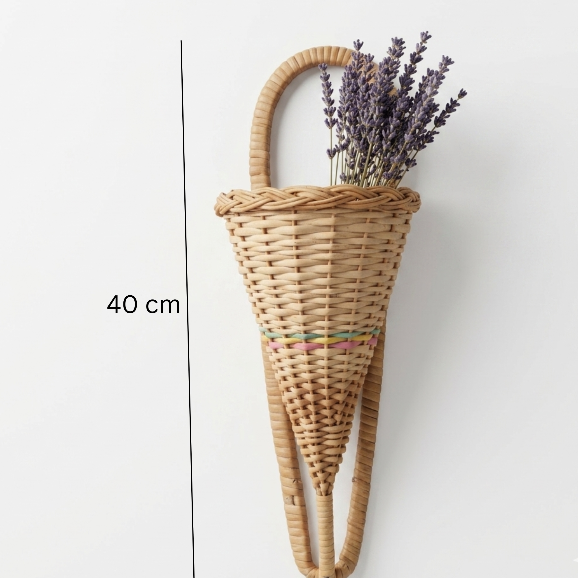 Handcrafted 40 cm Wicker Wall Hanging Conical Basket – Natural Rattan Cone-Shaped Flower Pocket – Small Decorative Woven Wall Vase for Dried Lavender, Herbs, and Rustic Farmhouse Wall Art