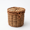Handcrafted 10cm Tall Wicker Storage Jar with Lid – Natural Rattan Cylindrical Trinket Box with Woven Loop Closure for Desk Organization and Jewelry Storage