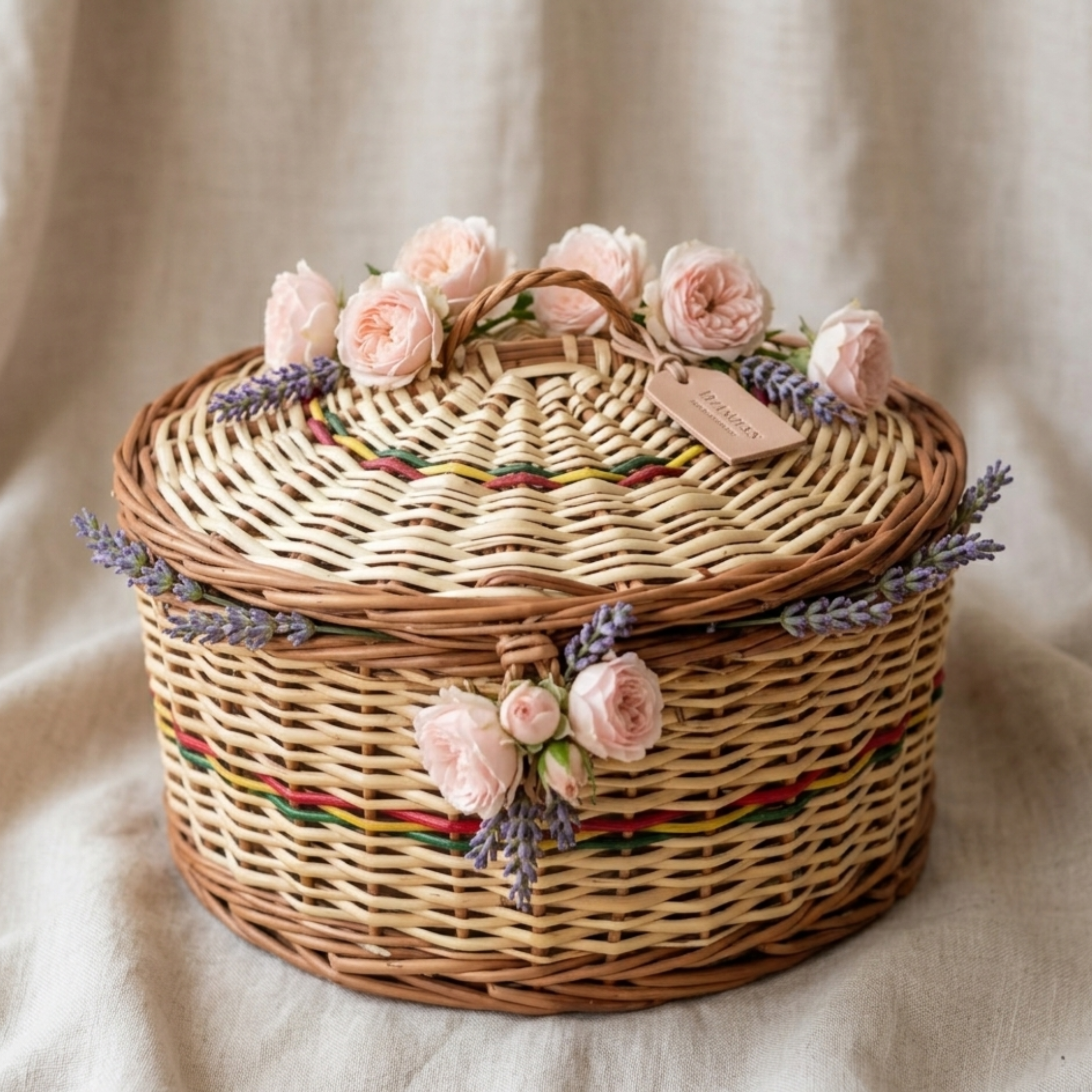 Handcrafted Round Wicker Storage Basket with Lid – 32cm Natural Rattan Trinket Box with Decorative Red & Green Weave for Jewelry, Keepsakes, and Home Organization