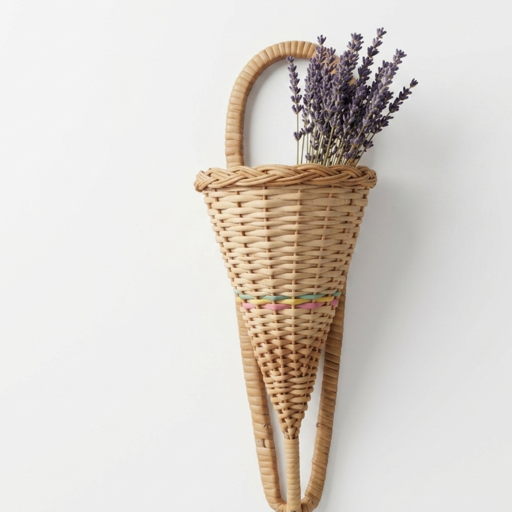 Handcrafted 40 cm Wicker Wall Hanging Conical Basket – Natural Rattan Cone-Shaped Flower Pocket – Small Decorative Woven Wall Vase for Dried Lavender, Herbs, and Rustic Farmhouse Wall Art
