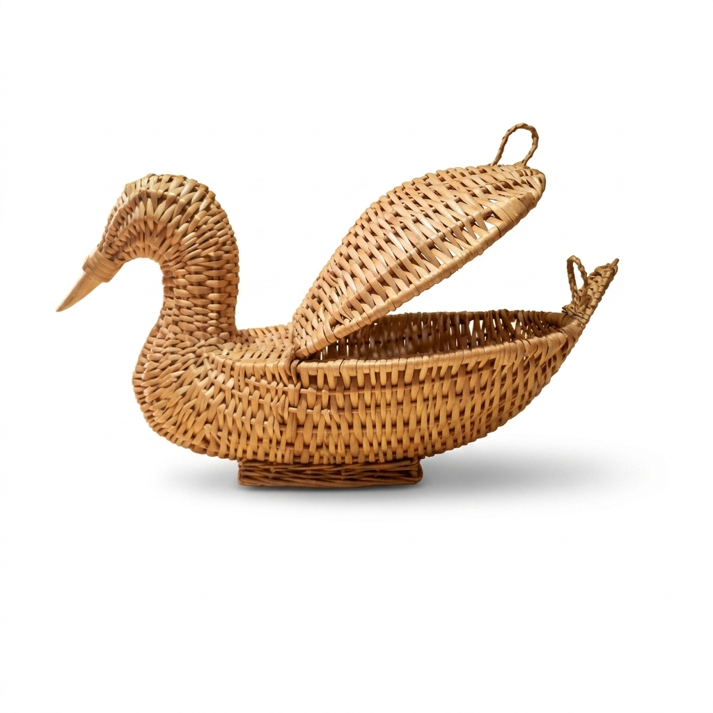 Handcrafted Duck-Shaped Wicker Storage Basket with Lid – Natural Rattan Animal Figurine Trinket Box – Unique Decorative Woven Bird Jewelry Case for Cottagecore and Farmhouse Decor