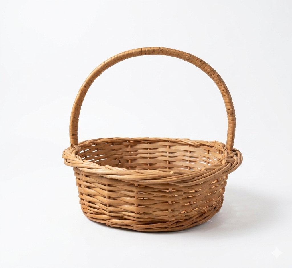 Handcrafted Round Wicker Picnic Basket with High Arched Handle – 27 cm Natural Rattan Gathering Basket – Small Decorative Woven Flower & Berry Basket for Rustic Home and Photography Props